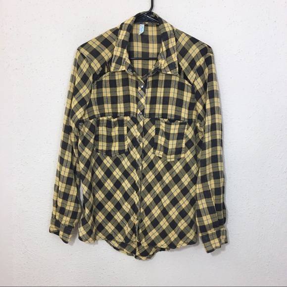 Free People Plaid Button Down Yellow Black Small - Picture 3 of 10